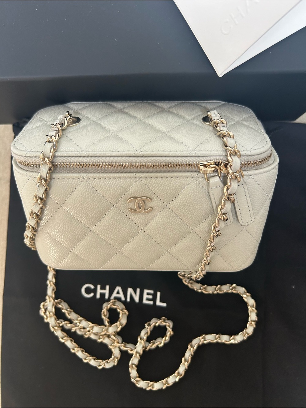 CHANEL Quilted Vanity Case in Light Gray with Gold Hardware